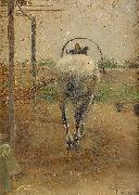 Nils Kreuger Labor  horse pulling a threshing machine oil painting on canvas